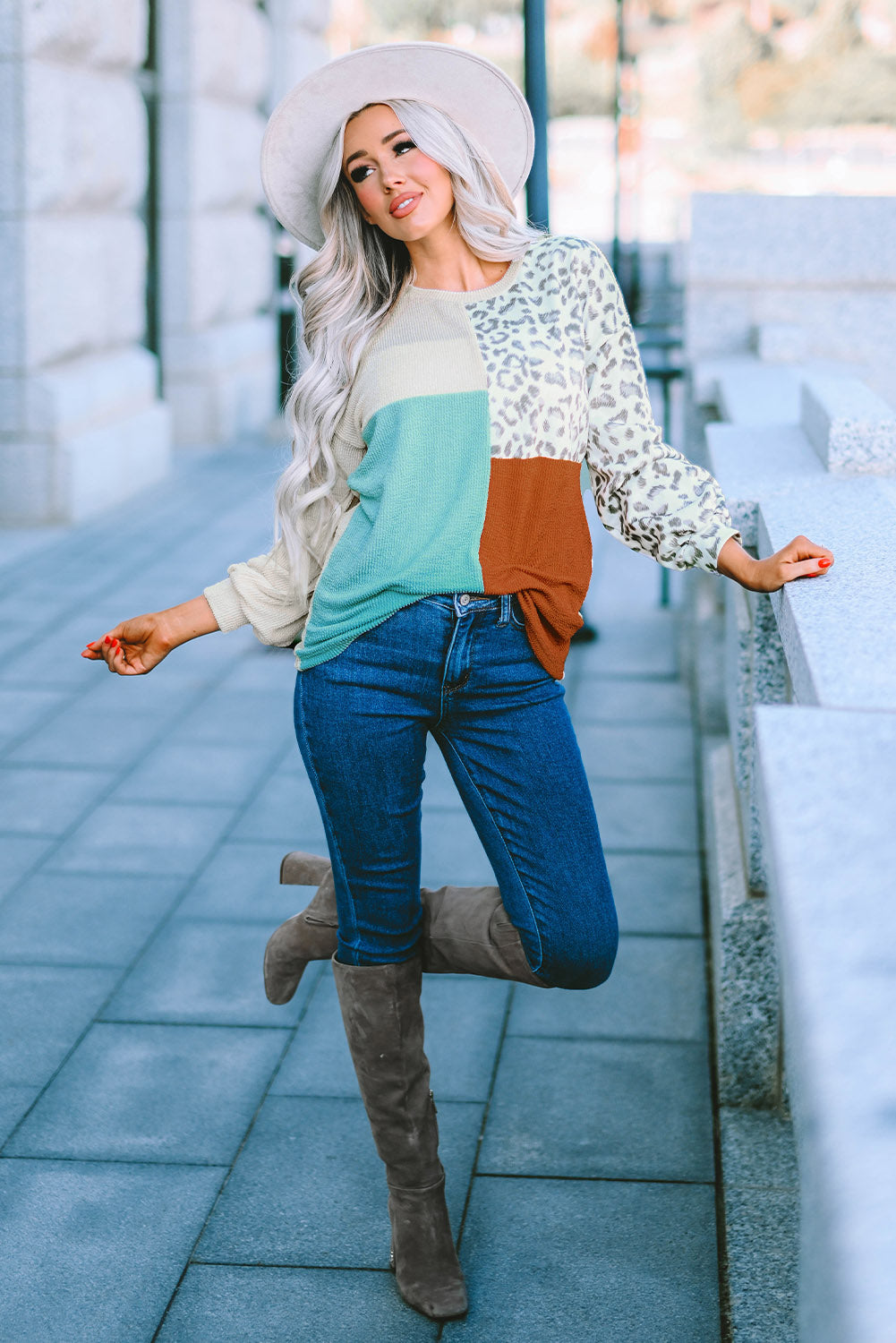 Khaki Ribbed Color Block Leopard Splicing Plus Size Top
