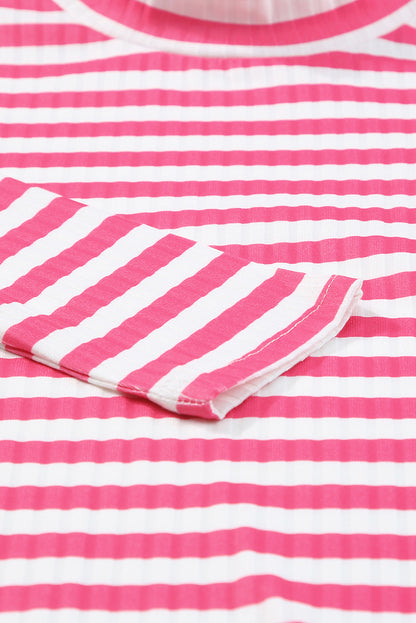 Black Striped Print Textured Knit Long Sleeve Tee