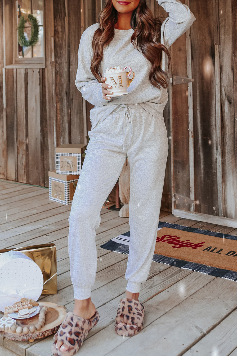 Spinach Green Sequined Christmas Cane Pattern Lounge Sweatsuit