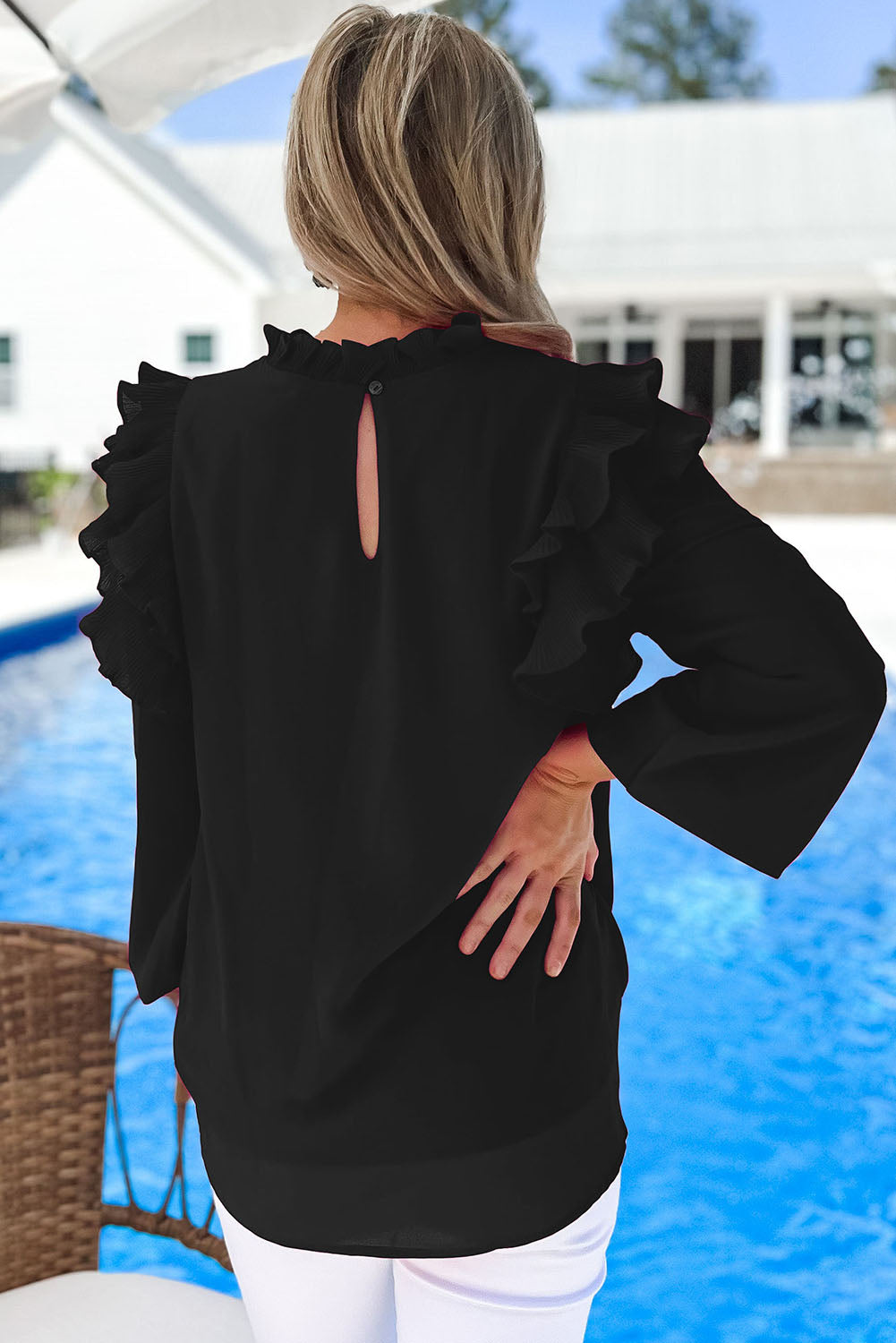Rose Button Keyhole Back Pleated Ruffle Trim Blouse