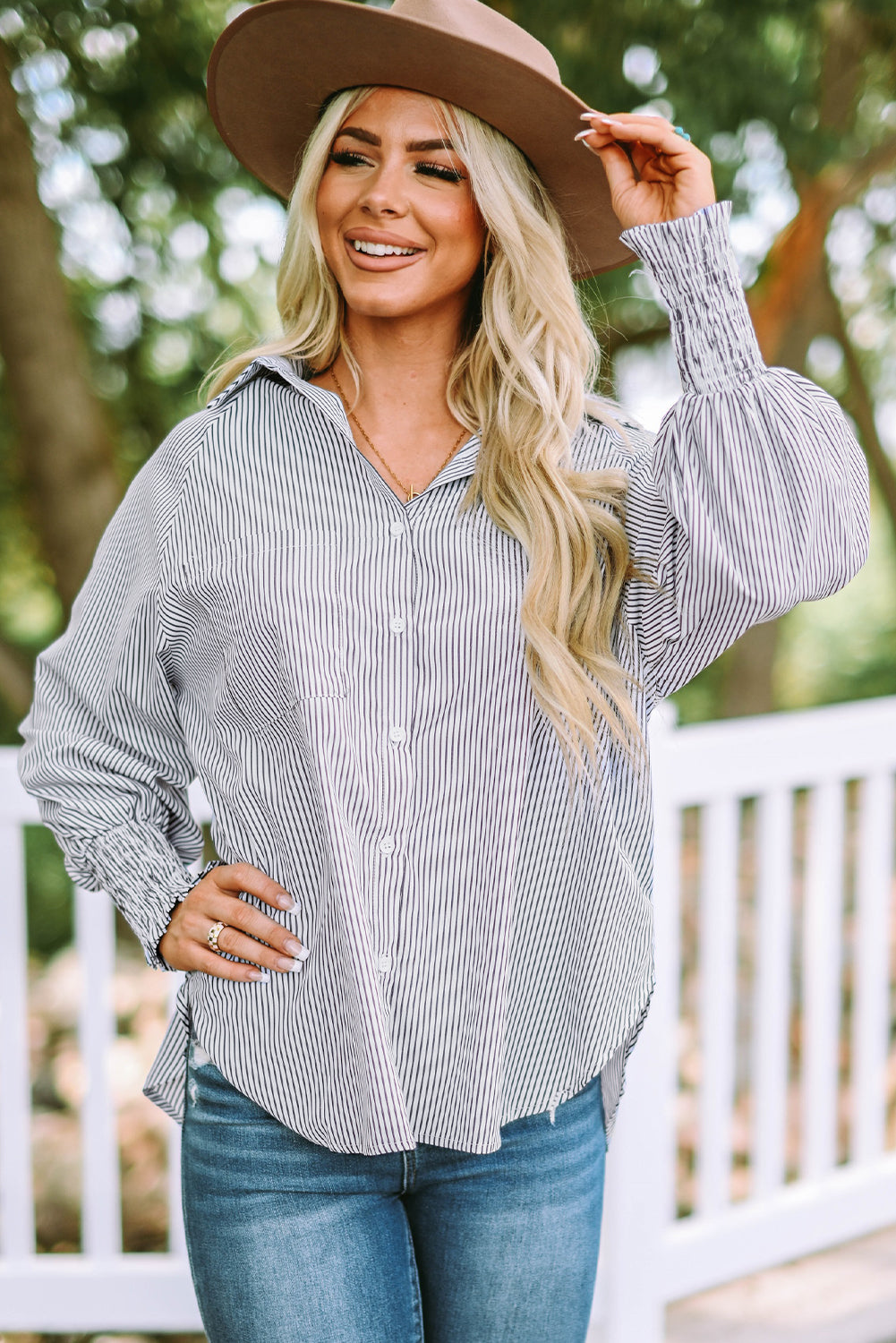Pink Smocked Cuffed Striped Boyfriend Shirt with Pocket