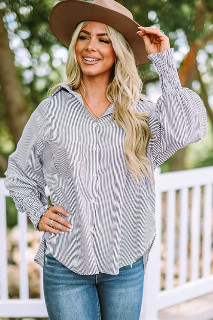 Pink Smocked Cuffed Striped Boyfriend Shirt with Pocket