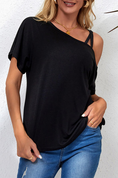 Black One Shoulder Long Sleeve Shift Blouse
