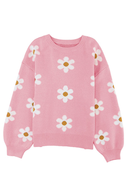 Pink Floral Pattern Drop Shoulder Sweater