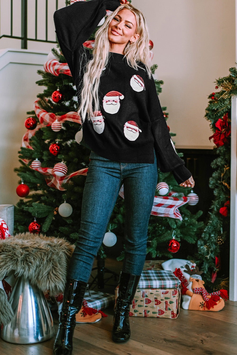 Fiery Red Sequined Christmas Tree Raglan Sleeve Sweatshirt