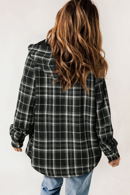 Orange Plaid Pattern Sherpa Lined Hooded Shacket