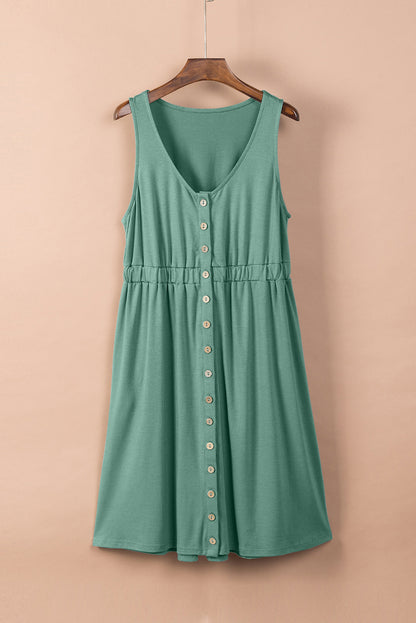 Black Buttons Sleeveless High Waist Mini Dress
