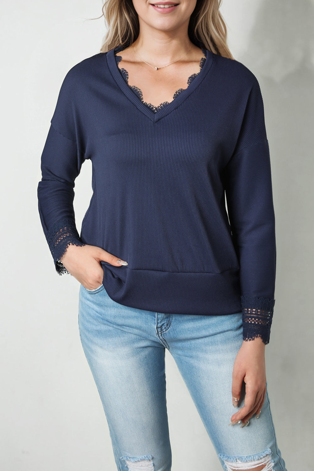 Black Ribbed Texture Lace Trim V Neck Long Sleeve Top