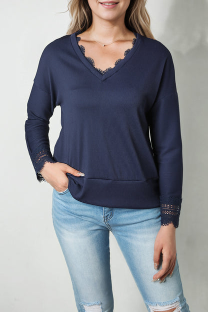 Black Ribbed Texture Lace Trim V Neck Long Sleeve Top
