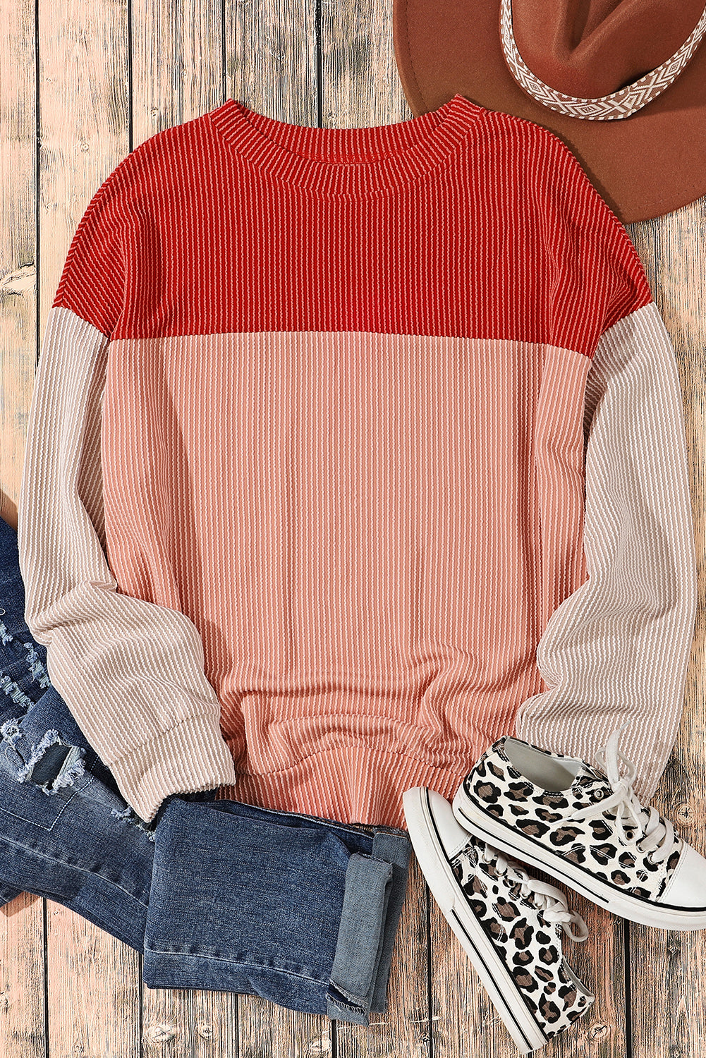 Mineral Red Plus Size Ribbed Colorblock Long Sleeve Top