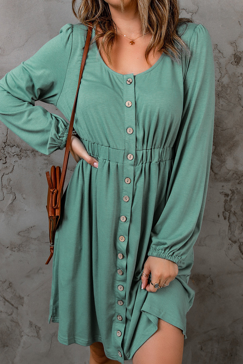 Fiery Red Button Up High Waist Long Sleeve Dress