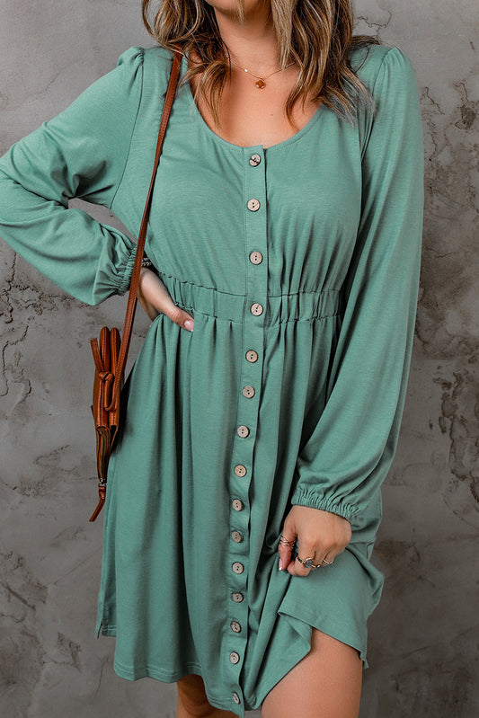 Fiery Red Button Up High Waist Long Sleeve Dress