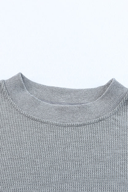 Pink Crew Neck Ribbed Trim Waffle Knit Top