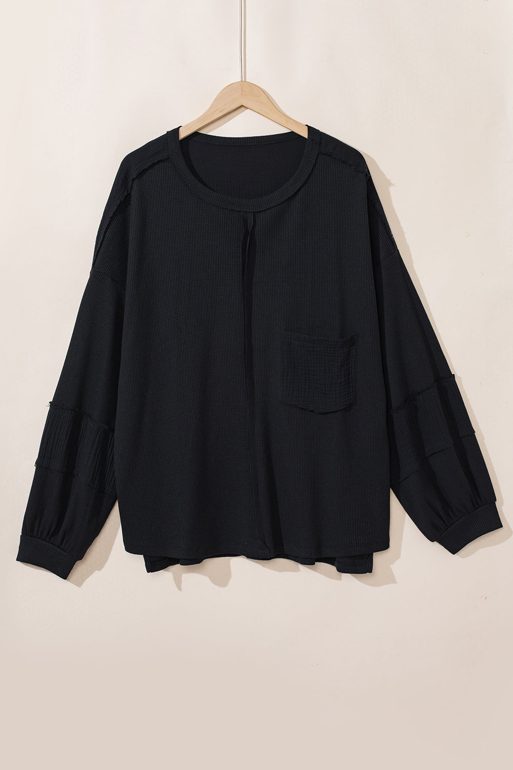 Gray Exposed Seam Patchwork Bubble Sleeve Waffle Knit Top