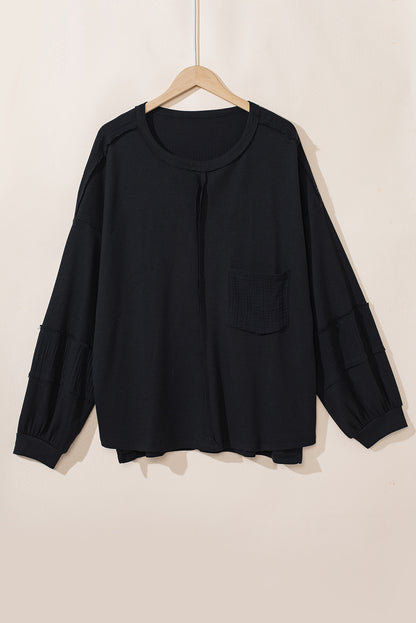 Gray Exposed Seam Patchwork Bubble Sleeve Waffle Knit Top