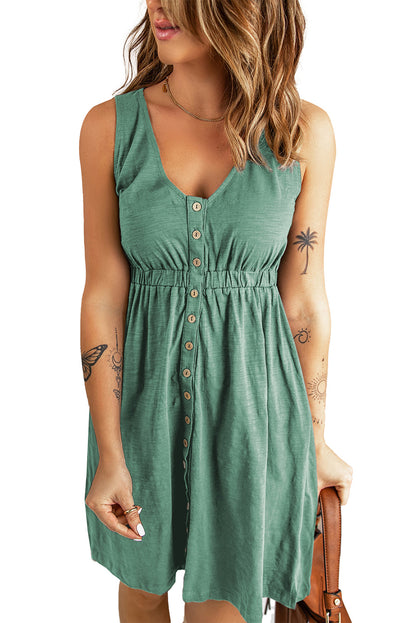 Black Buttons Sleeveless High Waist Mini Dress