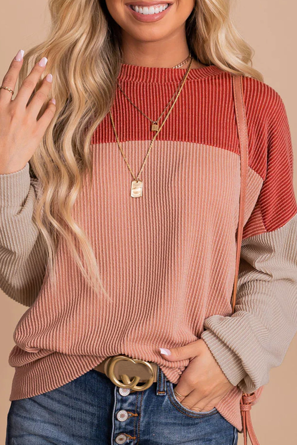 Mineral Red Plus Size Ribbed Colorblock Long Sleeve Top