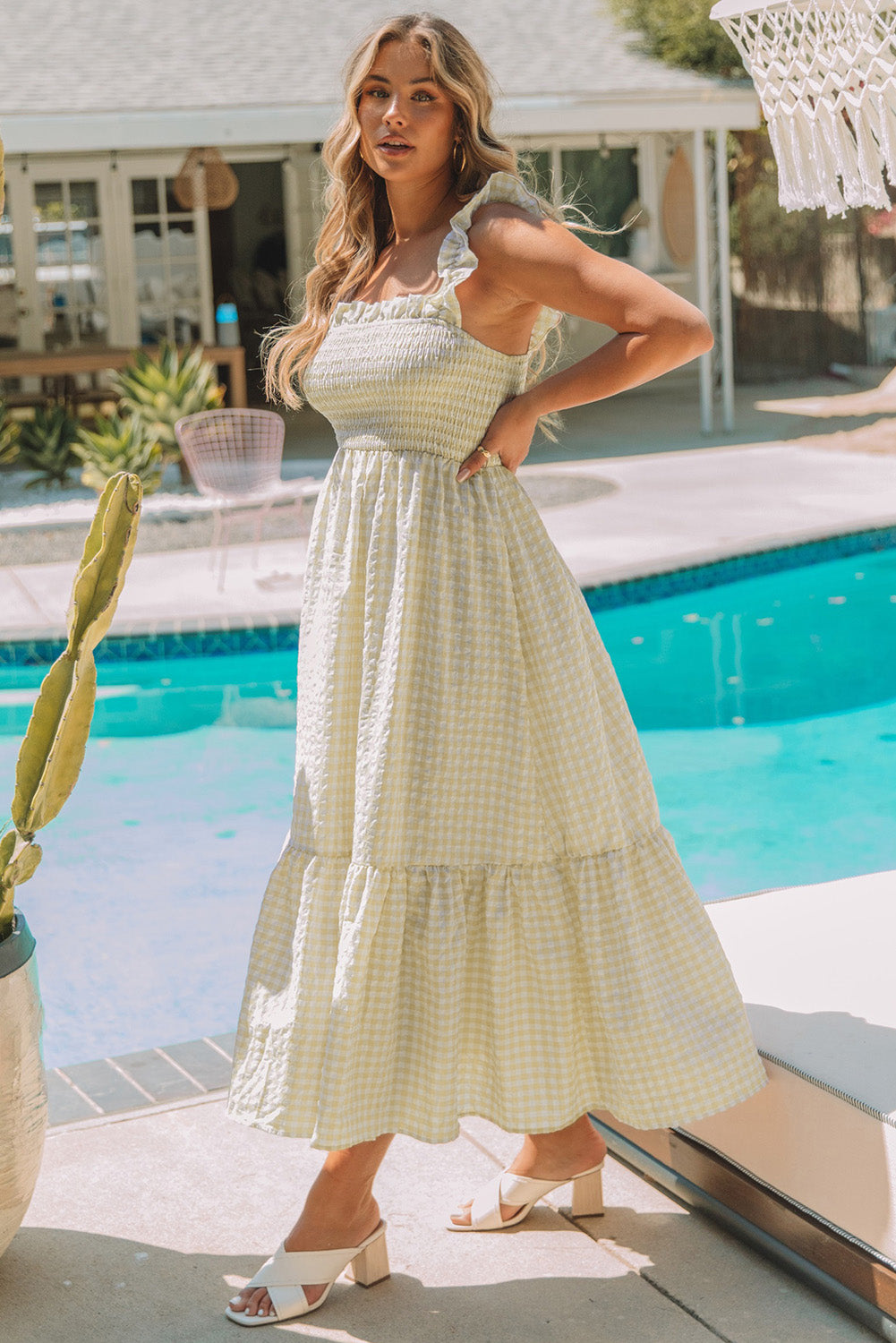 Khaki Plaid Ruffled Square Neck Smocked Tiered Maxi Dress