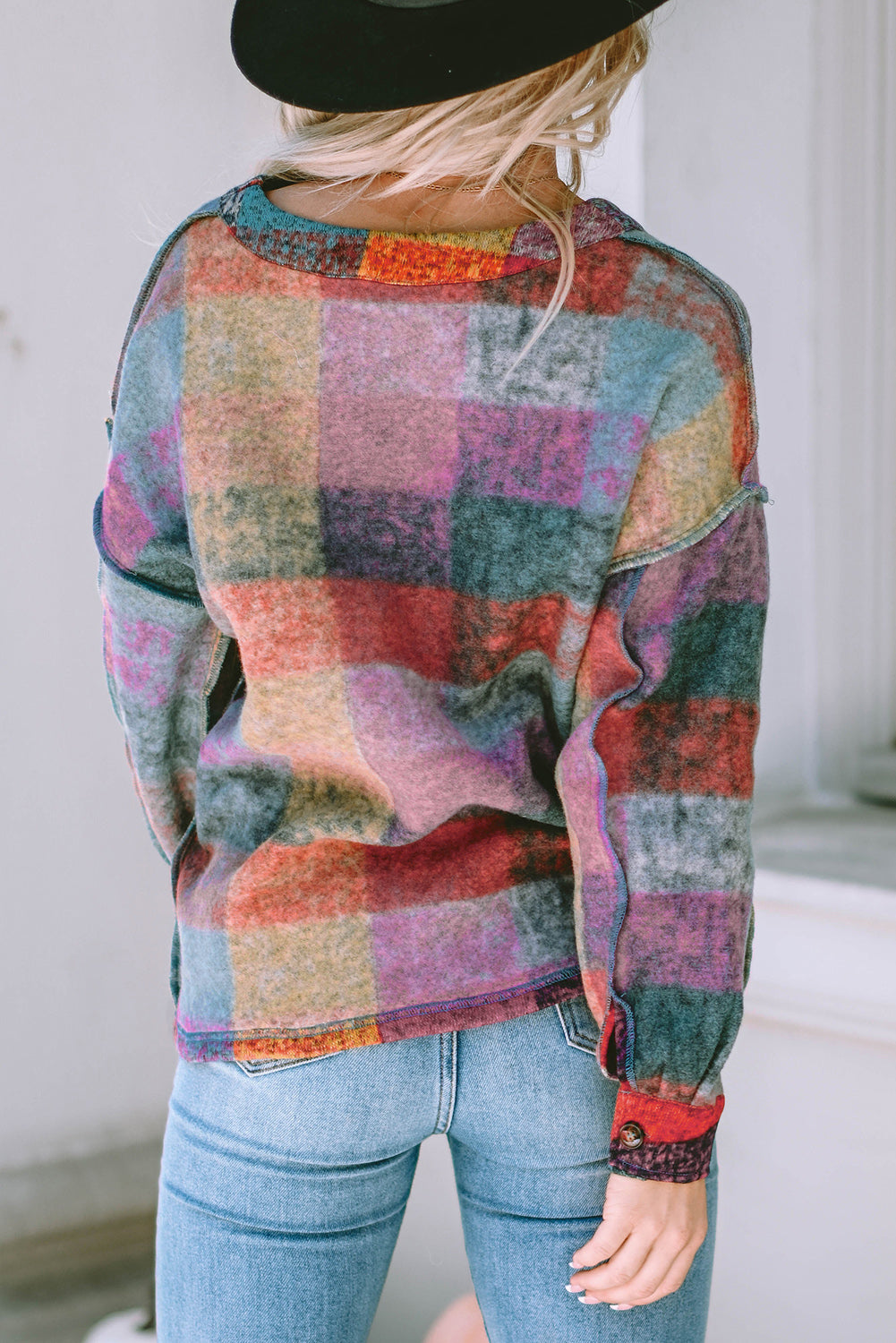 Multicolor Brushed Plaid Buttoned Pullover Oversized Hoodie