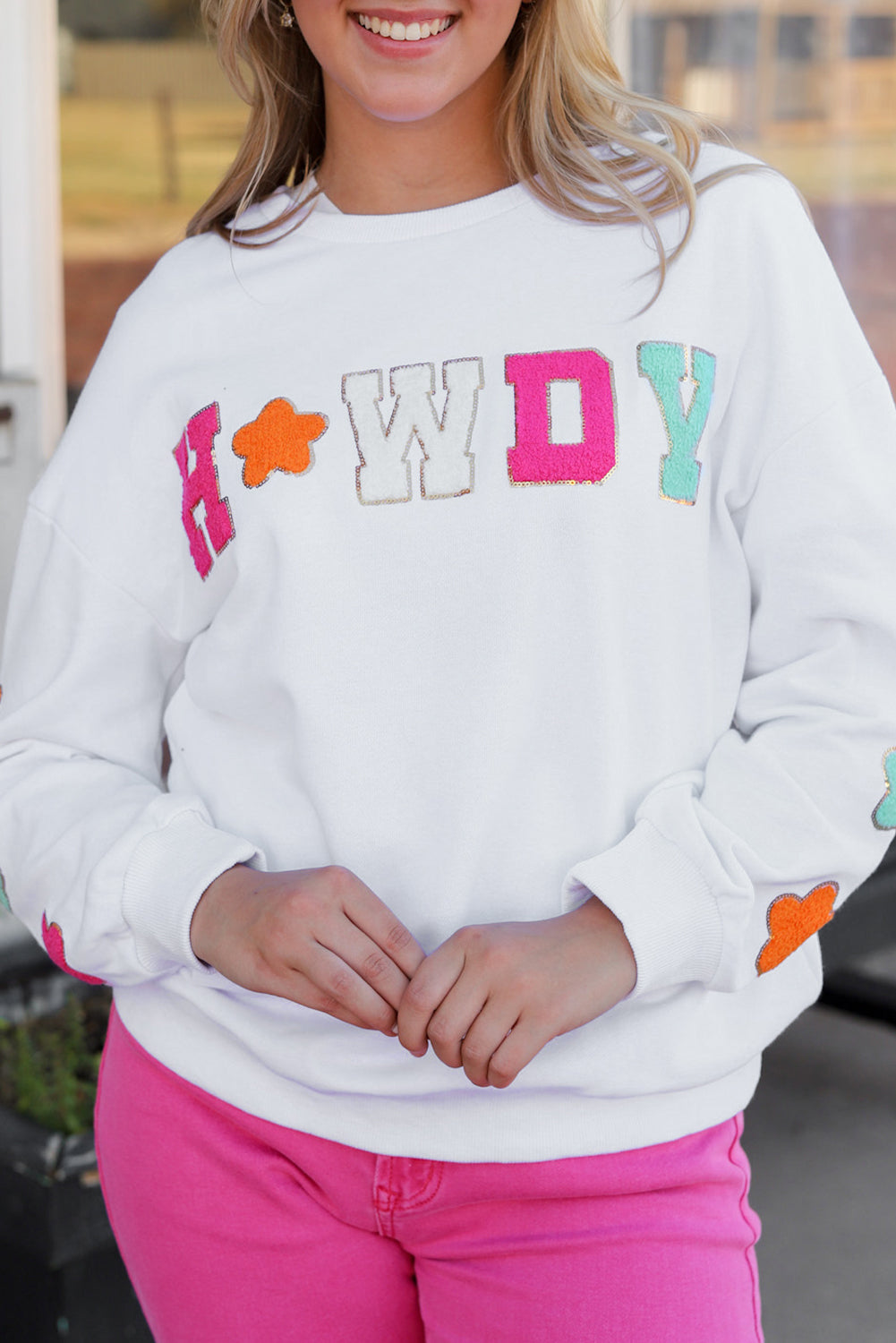 Black Glitter Howdy Patch Graphic Casual Sweatshirt