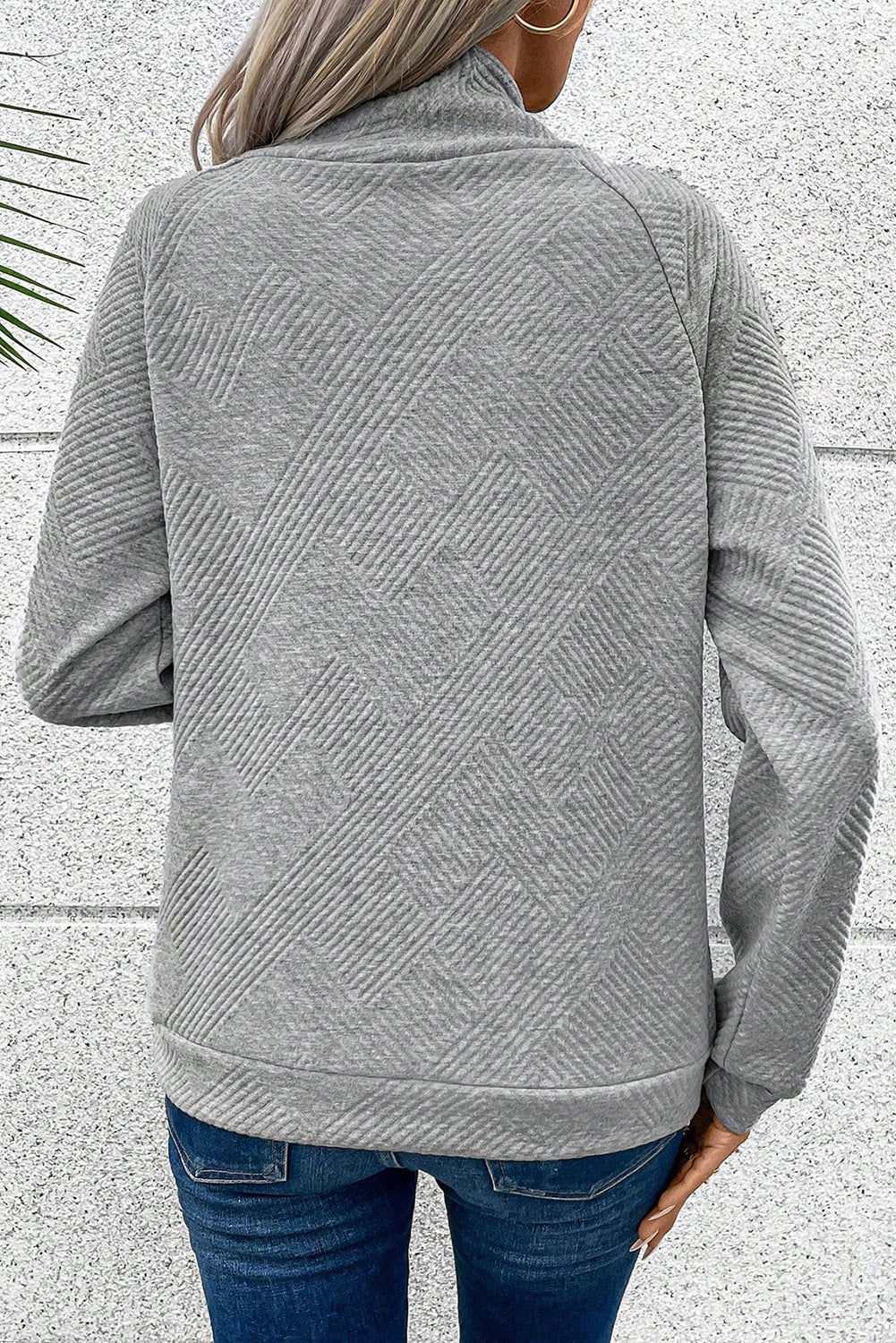 Light Grey Textured Knit Buttoned Kangaroo Pocket Sweatshirt