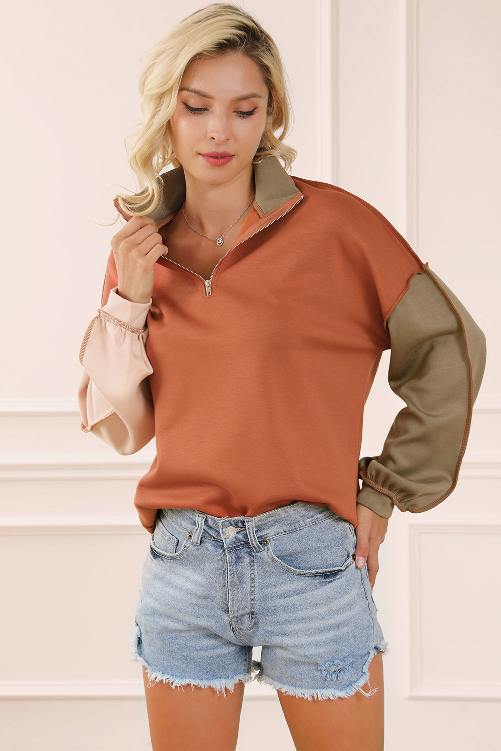 Khaki Exposed Seam Color Block Zipped Sweatshirt