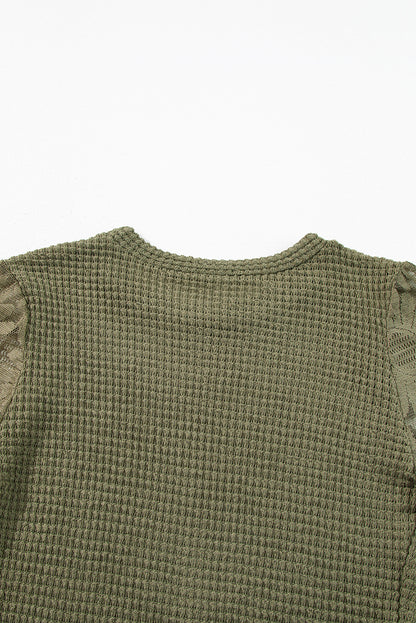 Black Sunflower Mesh Bubble Sleeve Waffle Knit Top