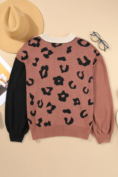 Coffee Colorblock Bishop Sleeve Ribbed Trim Sweater