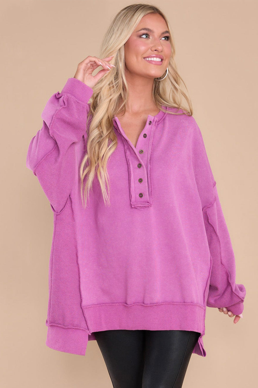 Green Oversized Exposed Seam Henley Sweatshirt
