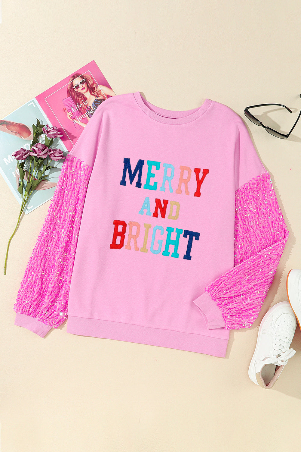 Pink Plus Size Sequin Sleeves Nutcracker Graphic Sweatshirt