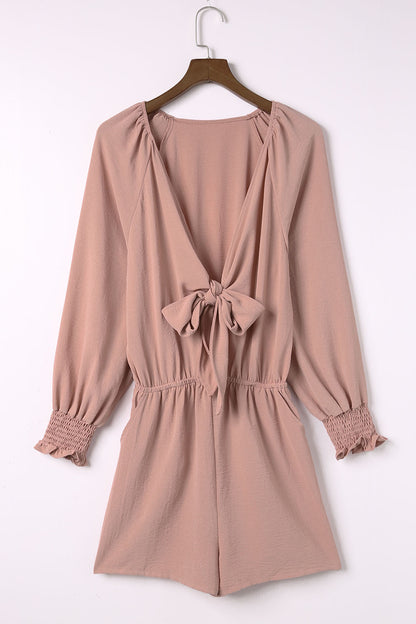 Navy Tie Knot Puff Long Sleeve Romper