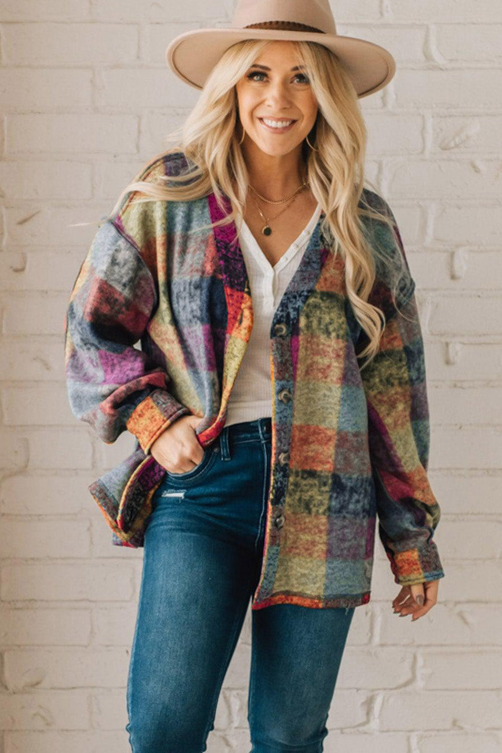 Multicolor Brushed Plaid Buttoned Pullover Oversized Hoodie