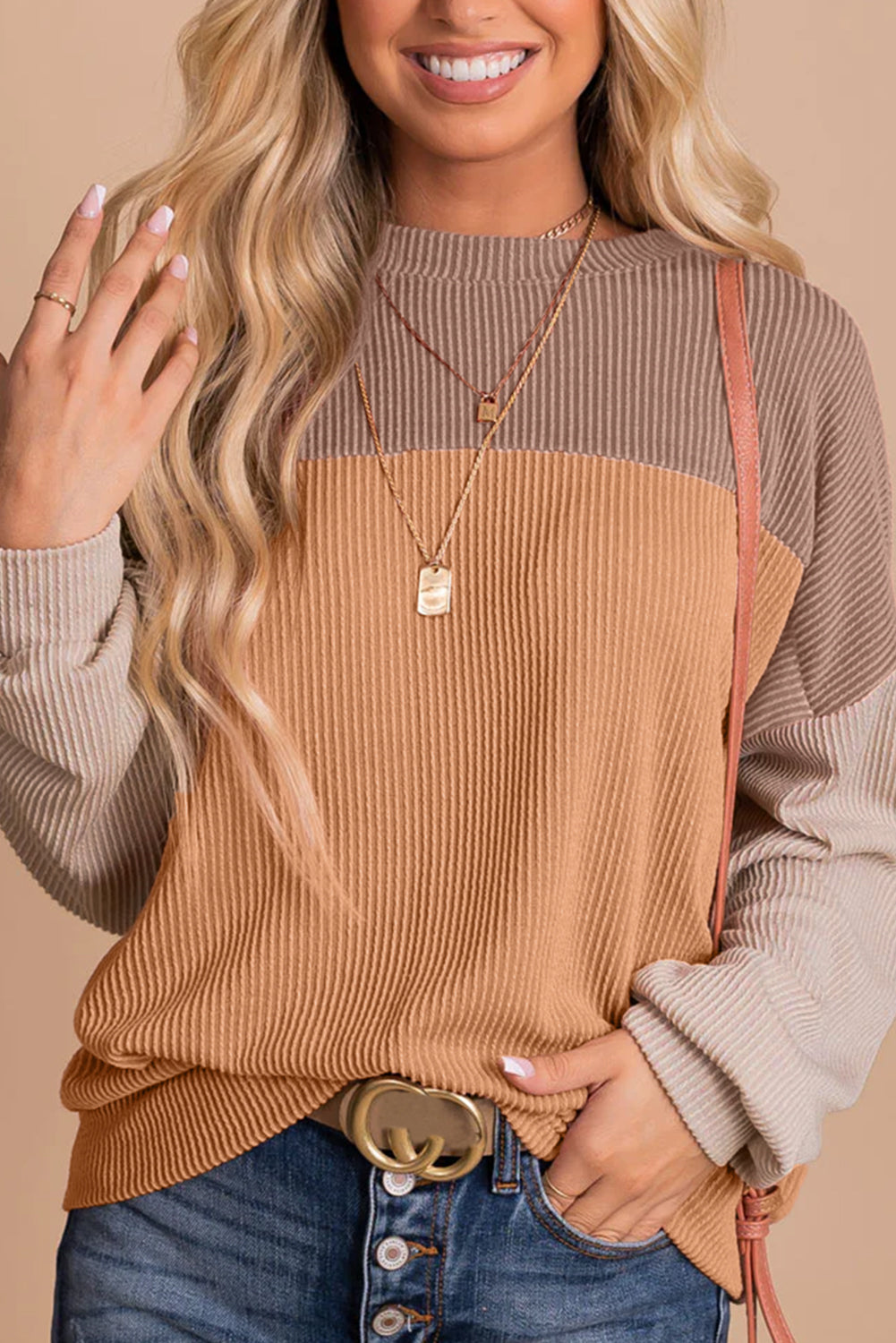 Mineral Red Plus Size Ribbed Colorblock Long Sleeve Top