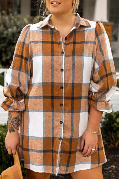 Khaki Plaid Pattern Collared Neck Ruffled Sleeve Shirt Dress