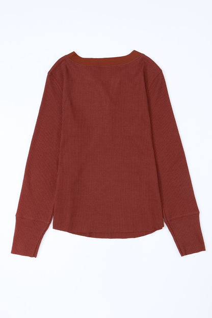 Black Trimmed Neckline Waffle Knit Henley Top