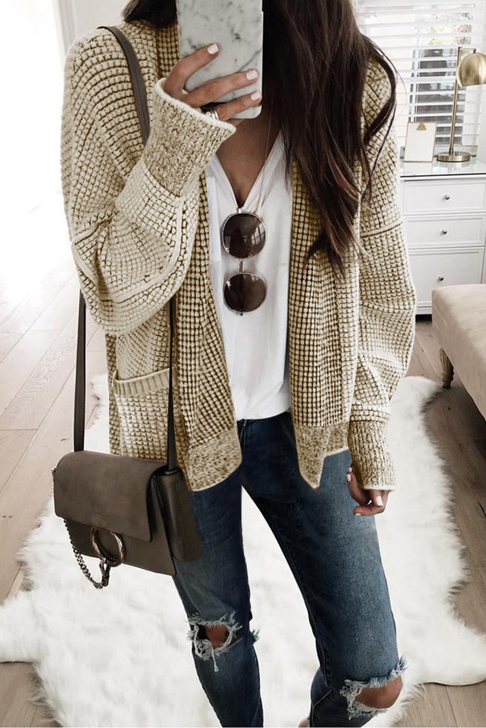 Gray Plaid Knitted Long Open Front Cardigan