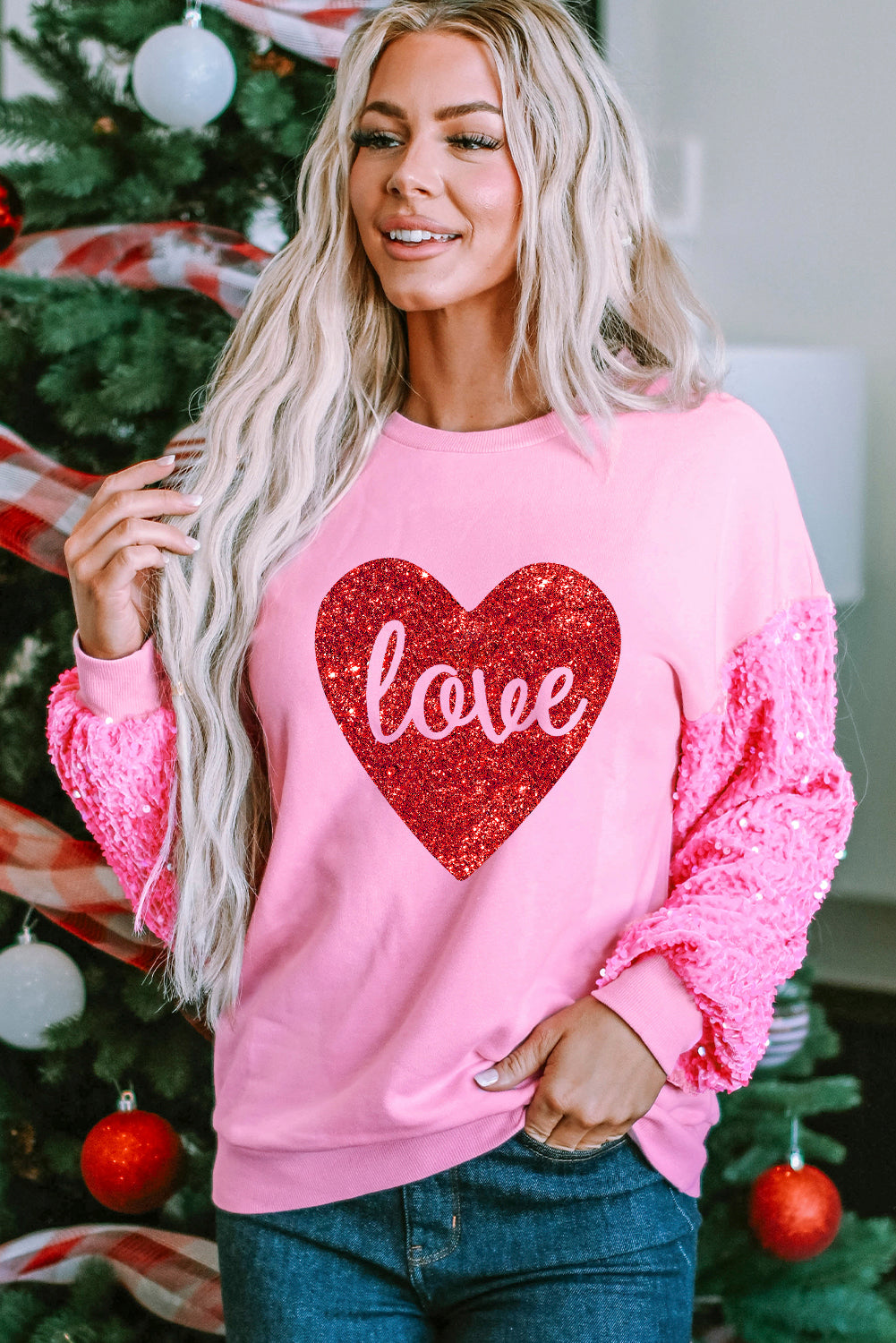 Pink Plus Size Sequin Sleeves Nutcracker Graphic Sweatshirt
