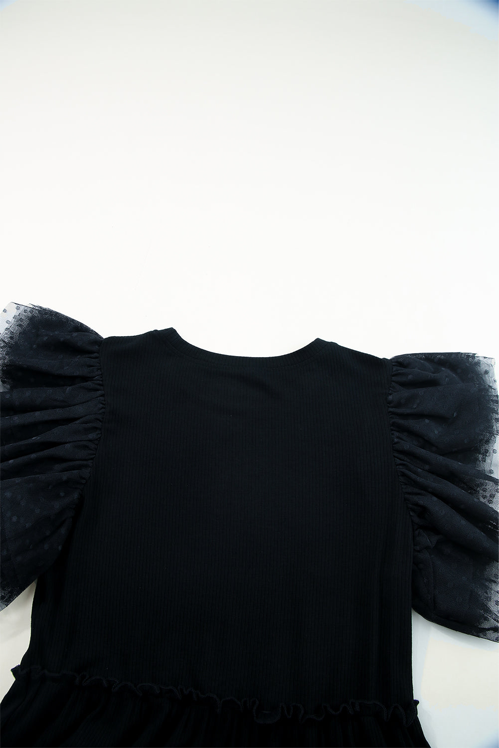 Black Dotty Mesh Ruffle Sleeve Ribbed Knit Top