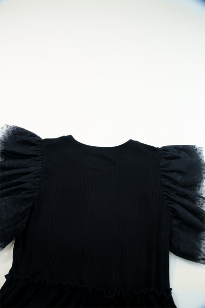 Black Dotty Mesh Ruffle Sleeve Ribbed Knit Top