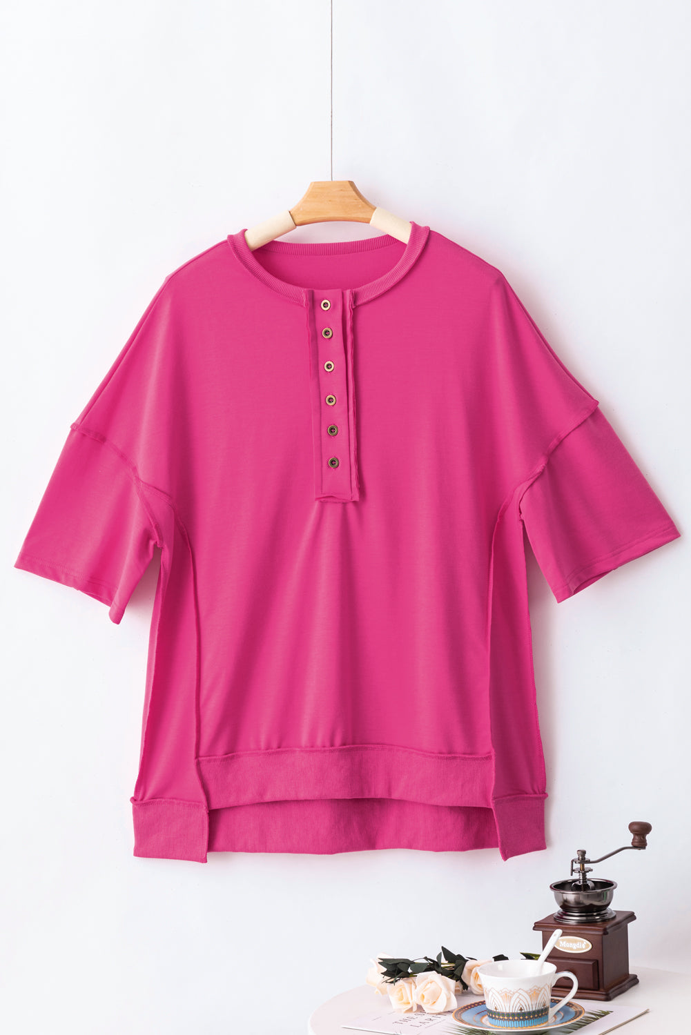 Black Drop Shoulder Henley Buttons Sweatshirt
