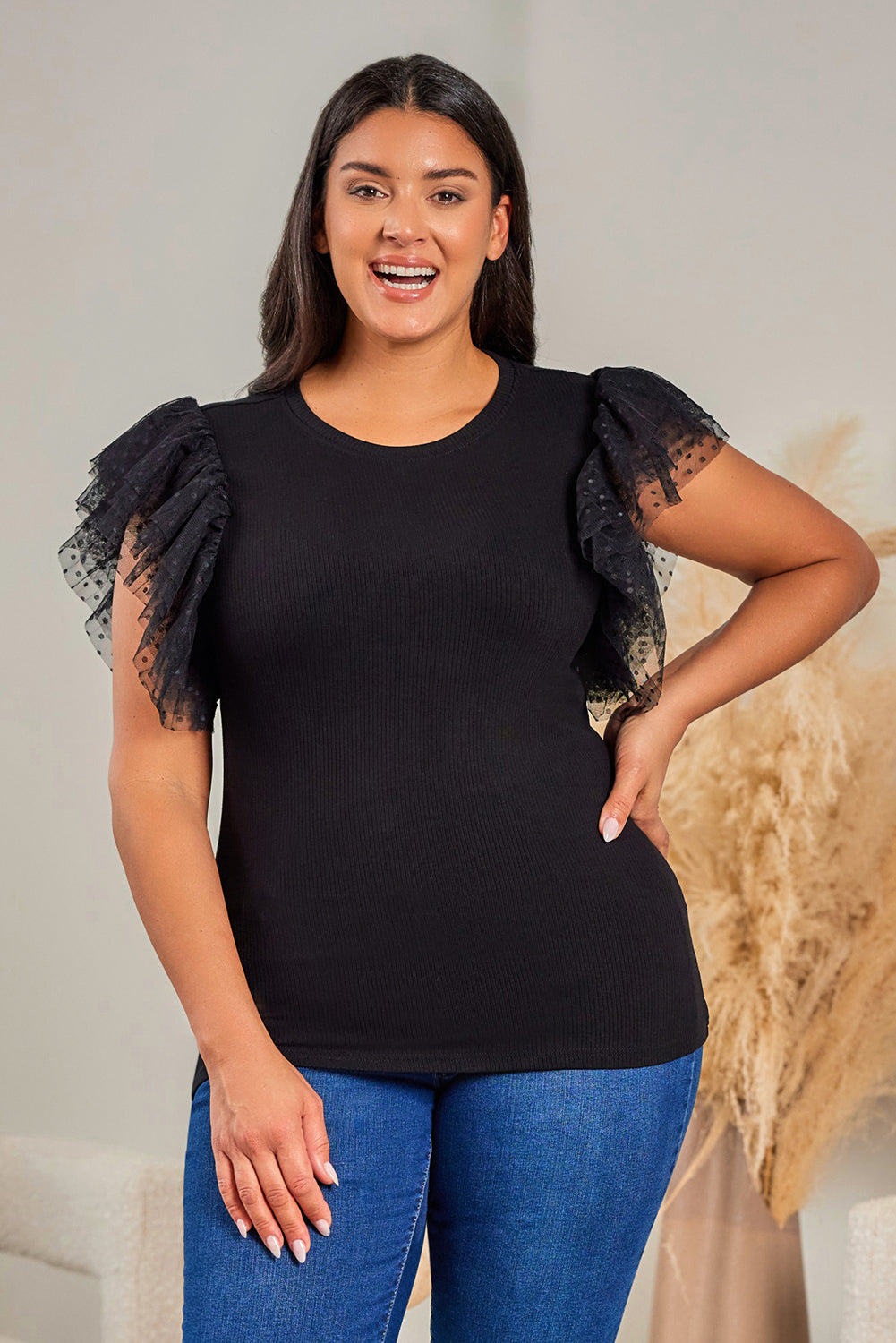 Black Dotty Mesh Ruffle Sleeve Ribbed Knit Top