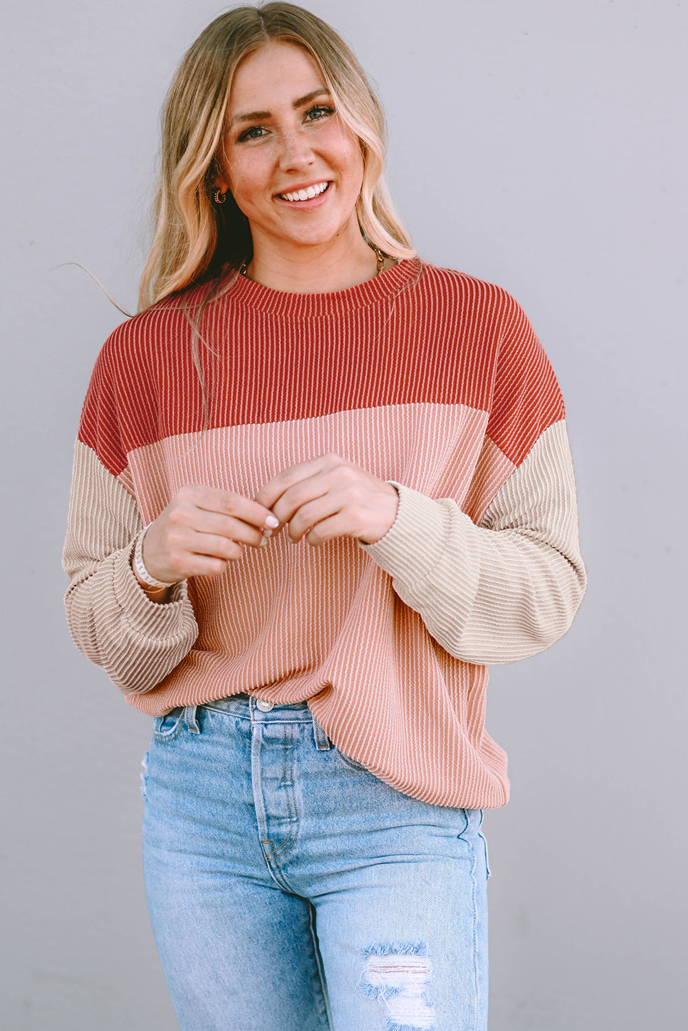 Mineral Red Plus Size Ribbed Colorblock Long Sleeve Top