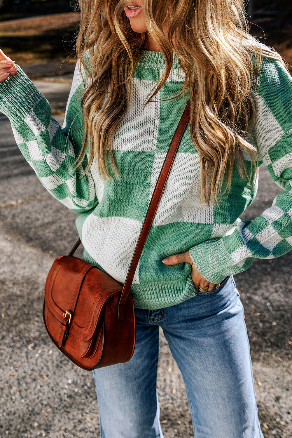 Medium Grey Checkered Print Drop Shoulder Sweater