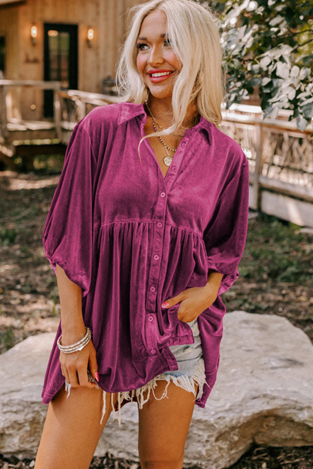 Pale Khaki 3/4 Sleeve Tunic Babydoll Velvet Shirt