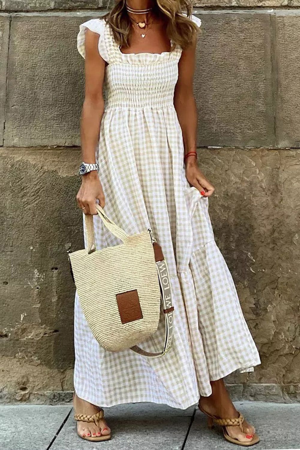 Khaki Plaid Ruffled Square Neck Smocked Tiered Maxi Dress