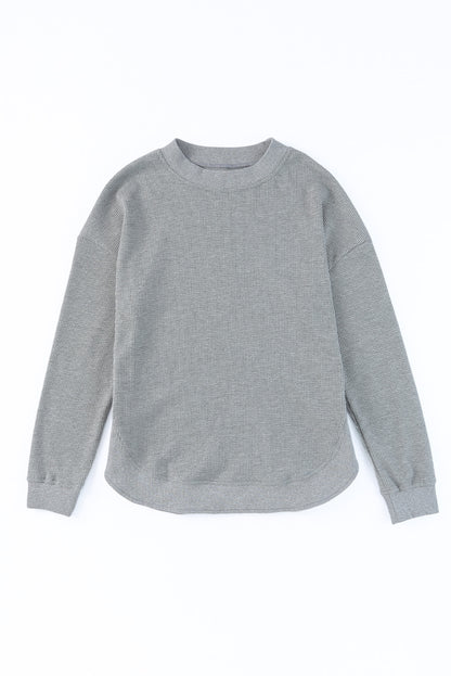 Pink Crew Neck Ribbed Trim Waffle Knit Top
