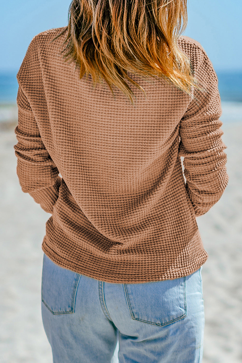 Fiery Red Waffle Knit Drop Shoulder Long Sleeve Top