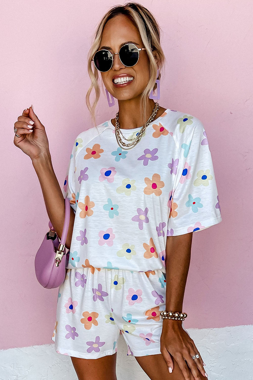 White Floral Long Sleeve Henley Top and Drawstring Shorts Set