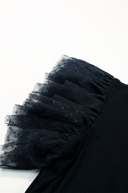 Black Dotty Mesh Ruffle Sleeve Ribbed Knit Top