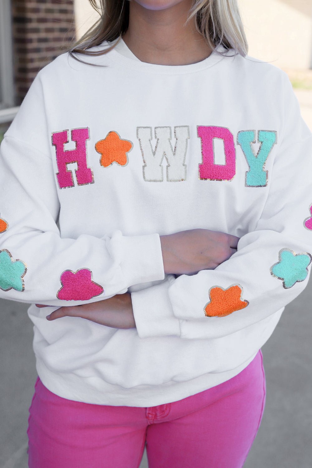 Black Glitter Howdy Patch Graphic Casual Sweatshirt